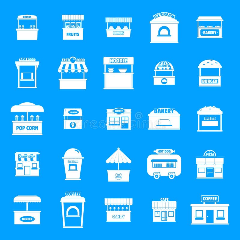 Os ícones do quiosque do alimento da rua ajustaram-se, estilo simples ilustração stock Os ícones do quiosque do alimento da rua ajustaram-se, estilo simples ilustração stock