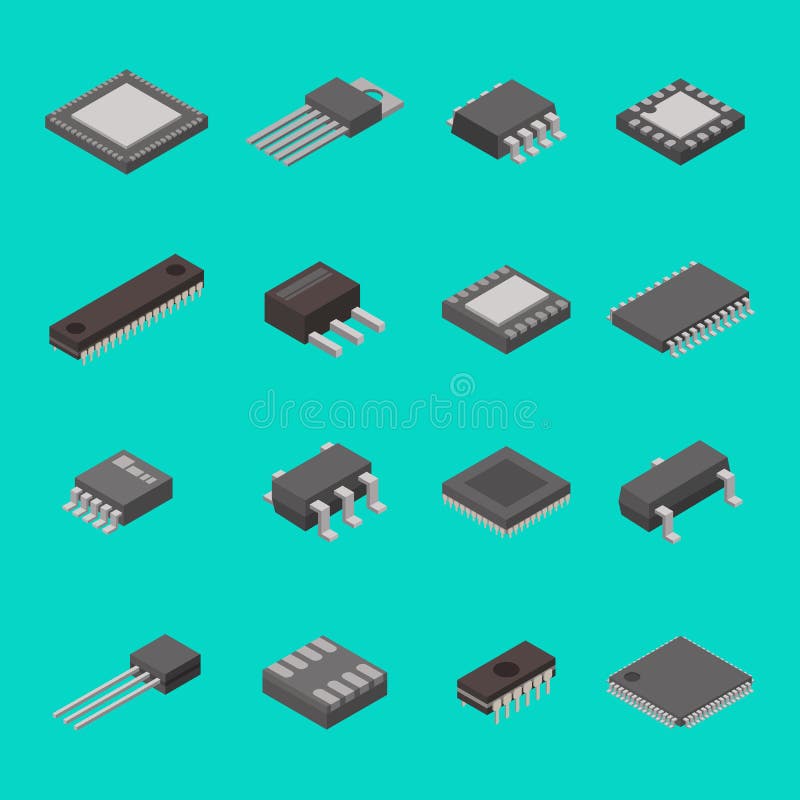 Os ícones isométricos isolados dos componentes eletrônicos do computador do semicondutor do microchip vector a ilustração ilustração do vetor Os ícones isométricos isolados dos componentes eletrônicos do computador do semicondutor do microchip vector a ilustração ilustração do vetor