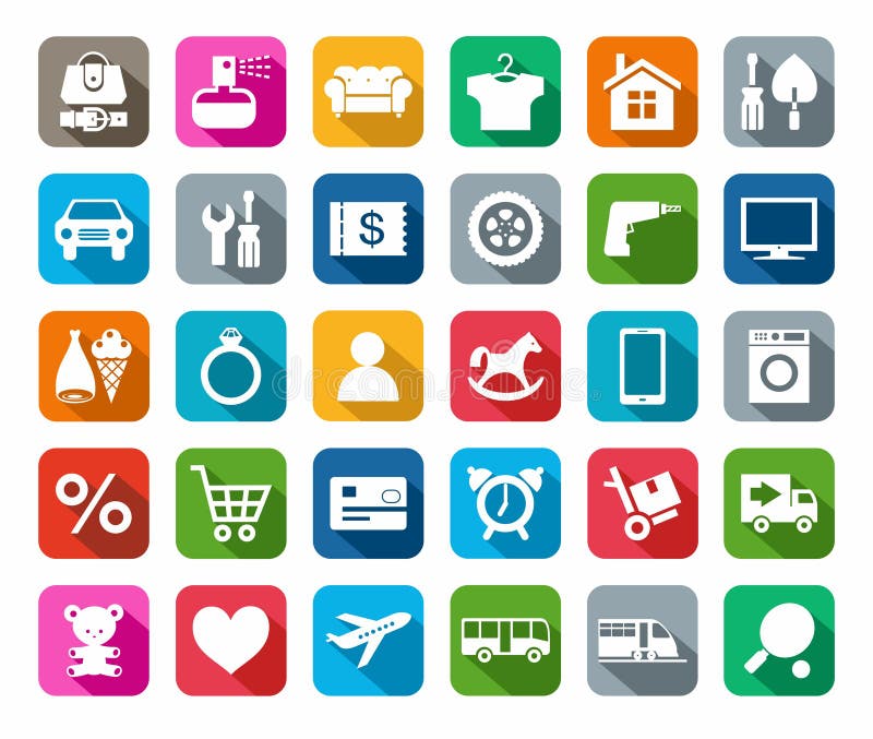 Os ícones, loja em linha, categorias de produtos, coloriram o fundo, sombra ilustração stock Os ícones, loja em linha, categorias de produtos, coloriram o fundo, sombra ilustração stock