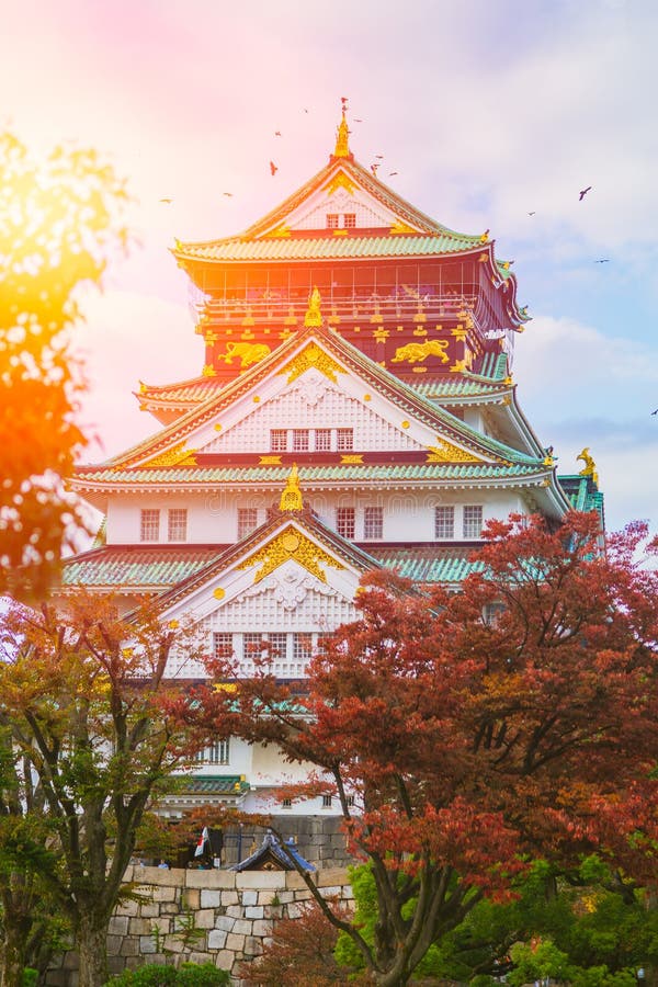 Osaka Castle in Autumn red maple blue sky sun light.