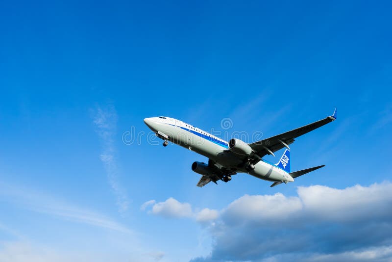 Osaka, Japan - 22 January, 2016 - An All Nippon Airways ANA Boeing 737 landing at Itami Airport, Osaka, Japan