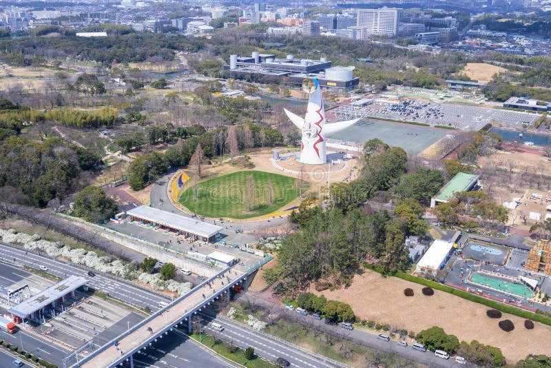 Osaka, Japan - March. 26, 2019: Aerial view of Tower of the Sun, Taiyo No To, Expo `70 in Suita Expo Commemoration Park Bampaku