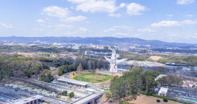 Osaka, Japan - March. 26, 2019: Aerial view of Tower of the Sun, Taiyo No To, Expo `70 in Suita Expo Commemoration Park Bampaku