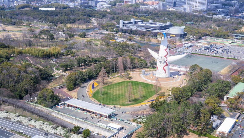 Osaka, Japan - March. 26, 2019: Aerial view of Tower of the Sun, Taiyo No To, Expo `70 in Suita Expo Commemoration Park Bampaku