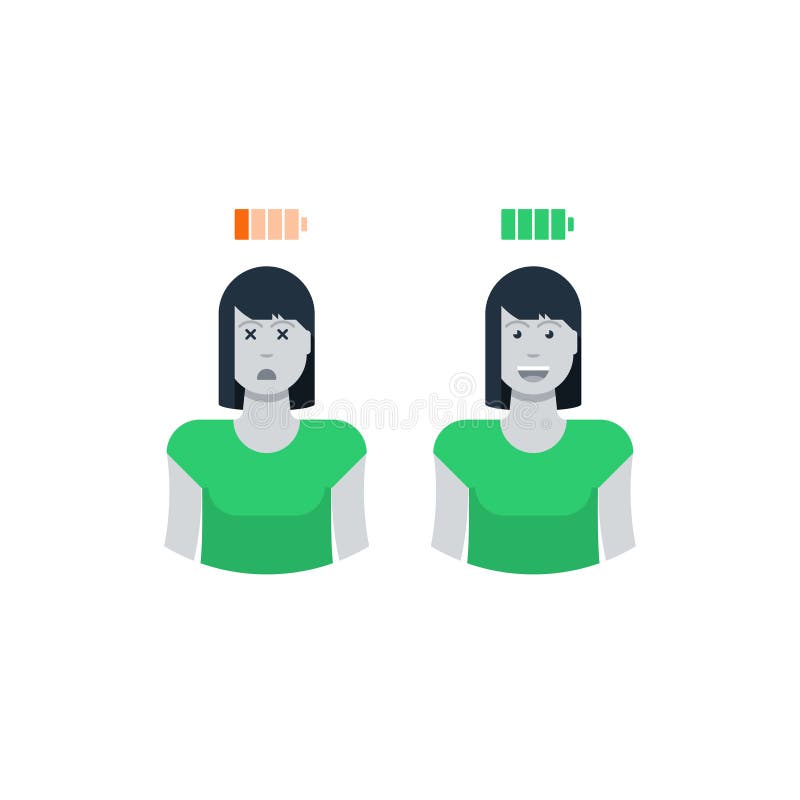 Oscilación de humor, mujer y lleno cansados de energía en comparación, muchacha en período libre illustration Oscilación de humor, mujer y lleno cansados de energía en comparación, muchacha en período libre illustration