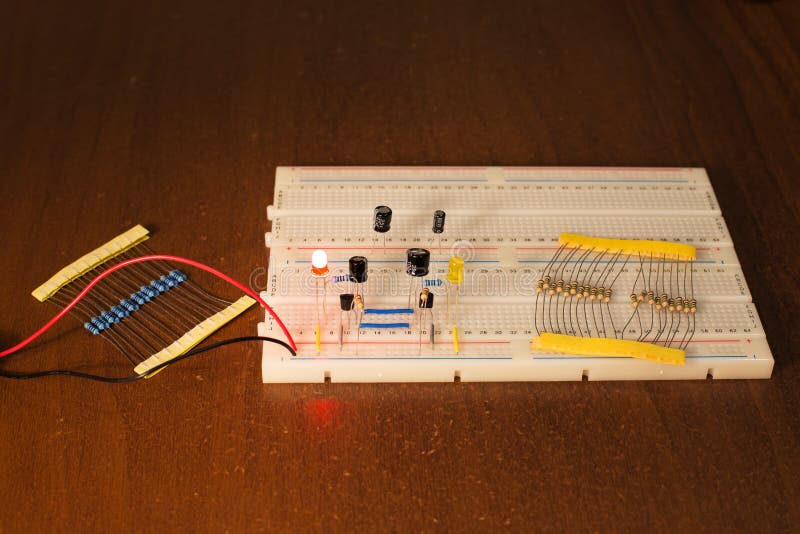 Oscillator Circuit on Prototyping Board (breadboard) Stock Photo