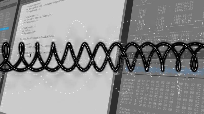 Oscillerande vågformanimering över datorkod och data på skärmar royaltyfri illustrationer