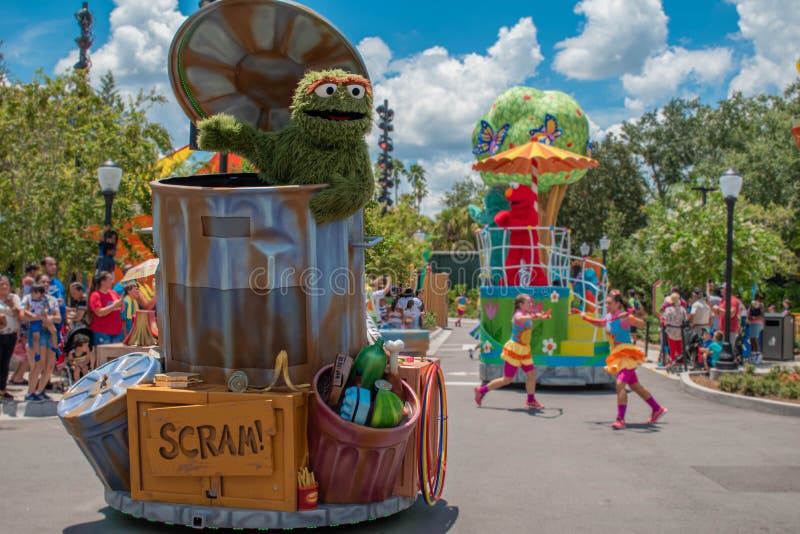 Orlando, Florida. July 30, 2019. Oscar the Grouch in Sesame Street Party Parade at Seaworld 1. Orlando, Florida. July 30, 2019. Oscar the Grouch in Sesame Street Party Parade at Seaworld 1