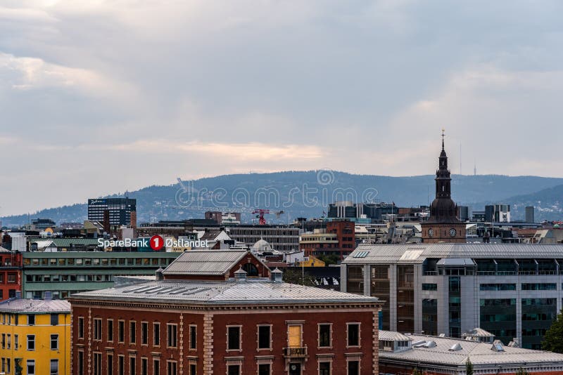 Oslo Norway View over the rooftops of the city with the hills in the background