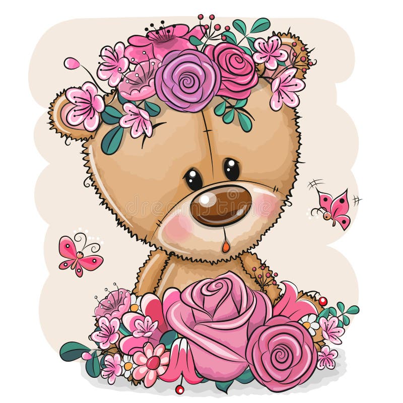 Oso de la historieta con las flores en un fondo blanco stock de ilustración Oso de la historieta con las flores en un fondo blanco stock de ilustración