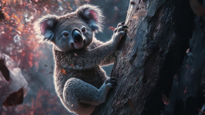 Oso koala trepando un tronco de árbol mientras mira al espectador stock de ilustración