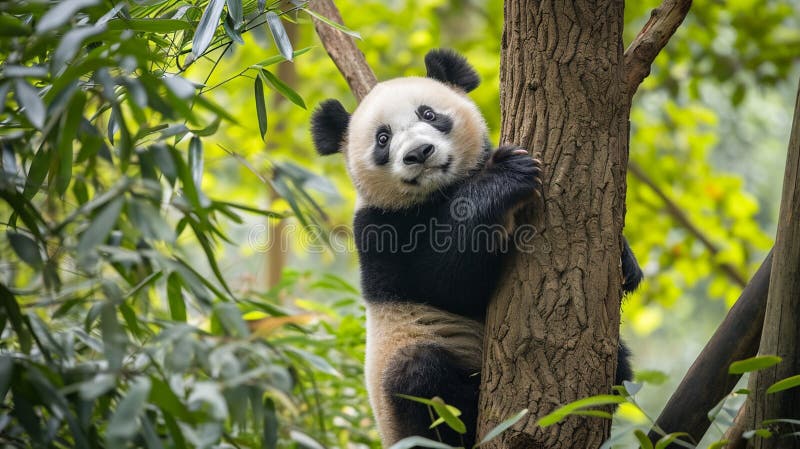 Oso panda gigante trepando en el árbol. ai generativo libre illustration
