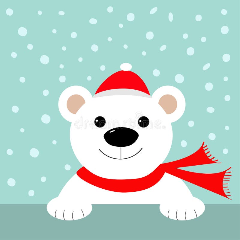 Oso polar blanco grande en el sombrero y la bufanda de Papá Noel Tarjeta de felicitación de la Feliz Navidad stock de ilustración Oso polar blanco grande en el sombrero y la bufanda de Papá Noel Tarjeta de felicitación de la Feliz Navidad stock de ilustración