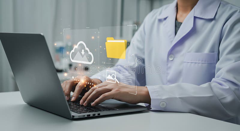 Osoba nosząca biały płaszcz laboratoryjny pisze na laptopie. Cyfrowe ikony chmury ilustracja wektor
