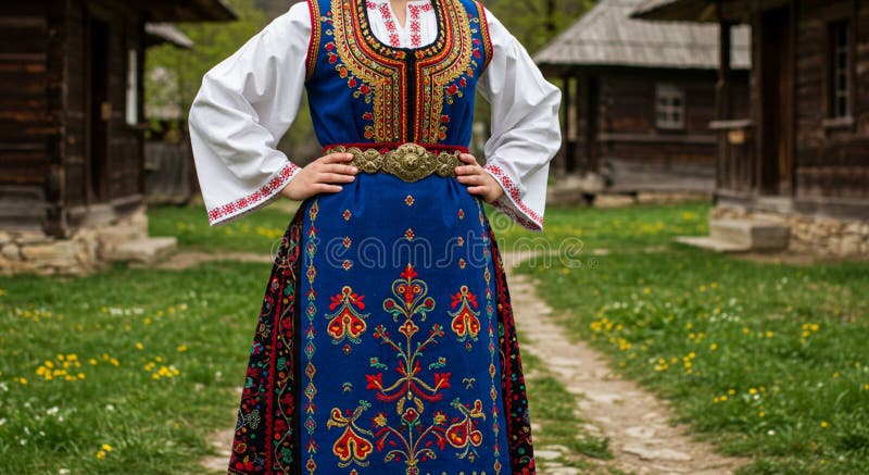 Osoba nosząca tradycyjny strój wschodnioeuropejski ma ręce na biodrach. T ilustracji