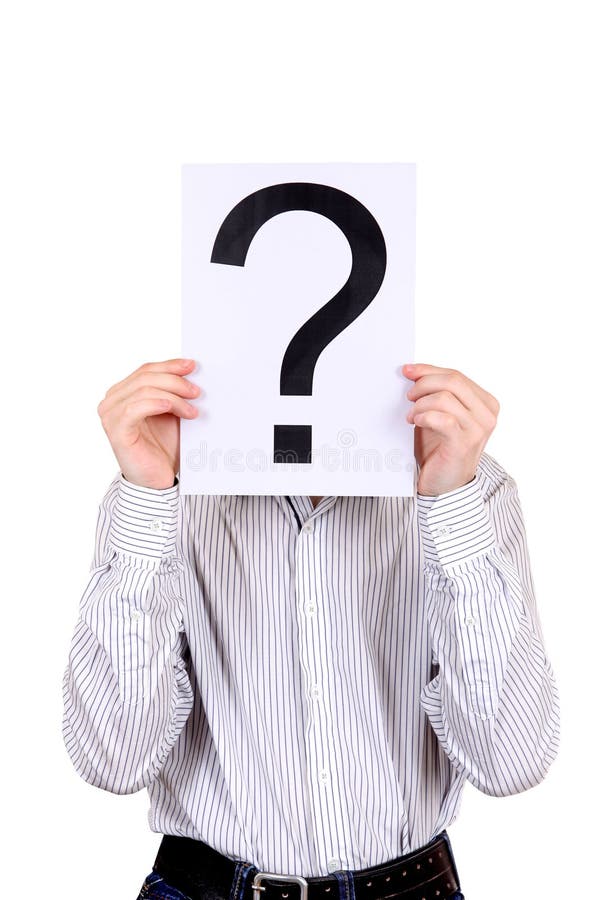 Person holds a Question Mark in place of Face on the White Background. Person holds a Question Mark in place of Face on the White Background