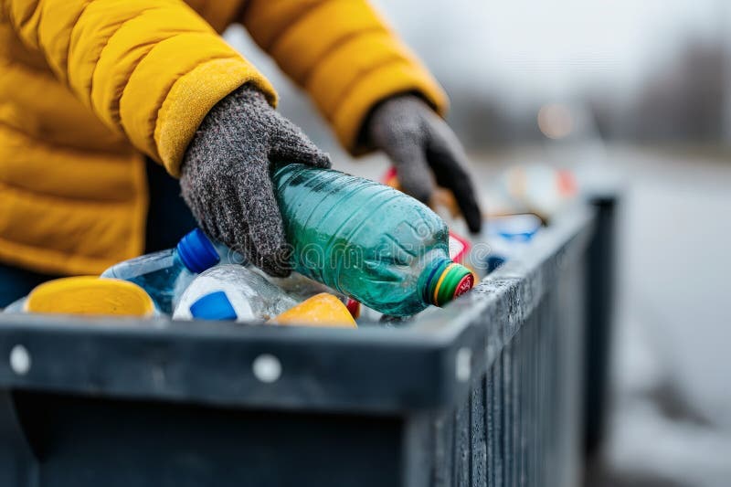 Osoba zajmująca się recyklingiem plastikowych butelek w mętny dzień w tętniącym życiem środowisku miejskim Generative AI ilustracji