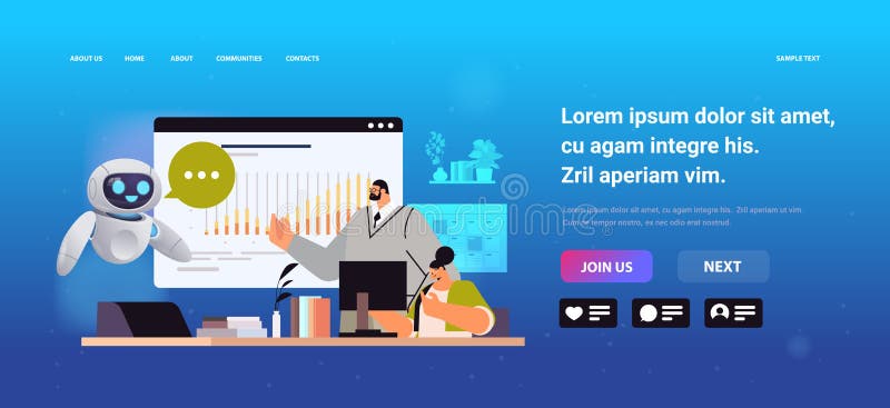 Osoby z robotami analizującymi wykres statystyczny na temat analizy danych biznesowych na ekranie cyfrowym monitorującym finanse i ilustracja wektor