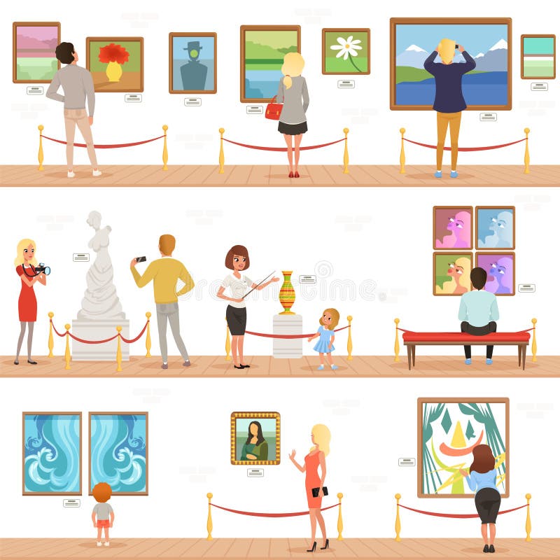 Ospiti del fumetto e caratteri svegli della guida in museo di arte La gente ammira le pitture e le sculture nella galleria