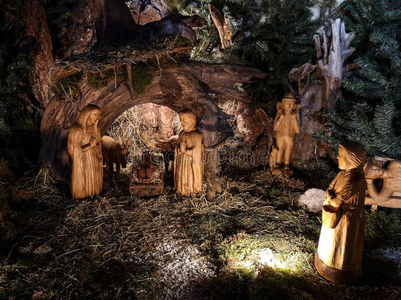 Nativity Scene Made with Hand-carved Wooden Figurines Editorial Photo ...