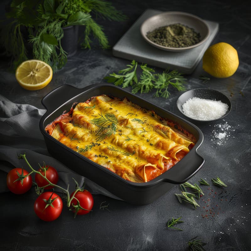 Ost bakade enchiladas med örttomater och citron med utsökt kulinariskt ljus vektor illustrationer