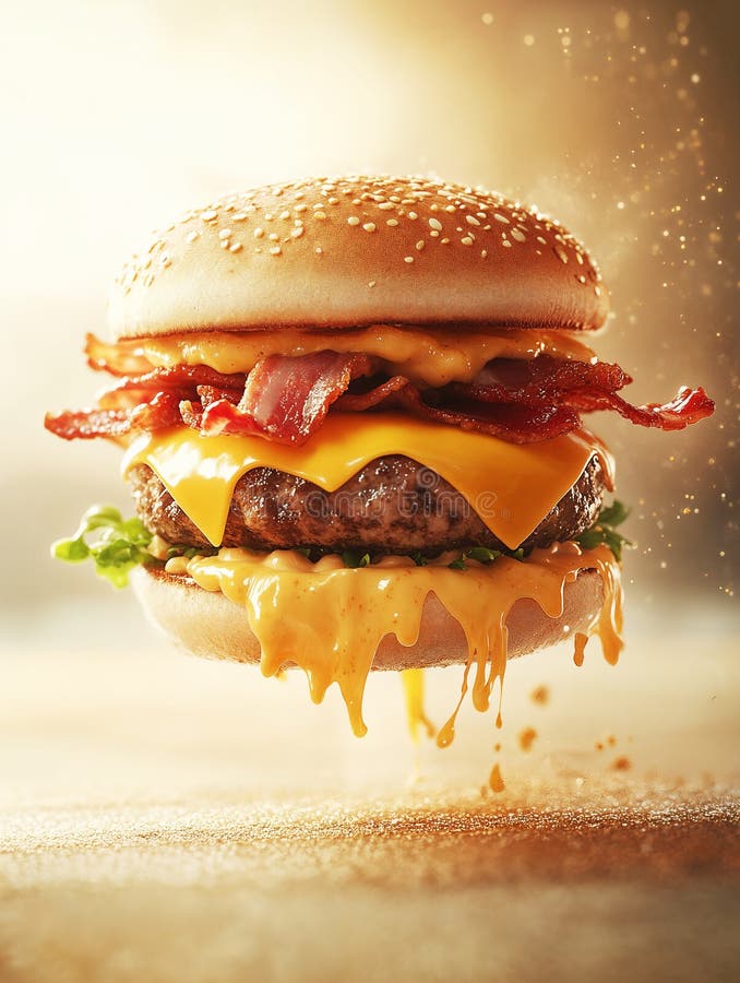 Ostburgare för juicy med bacon och sallatflockar som droppar med gräddost. ai generative royaltyfri illustrationer