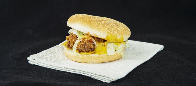 Ostburgare med grönsaksallad och bakat kött i en bulle för den nationella varmkorvdagen royaltyfri bild Ostburgare med grönsaksallad och bakat kött i en bulle för den nationella varmkorvdagen royaltyfri bild