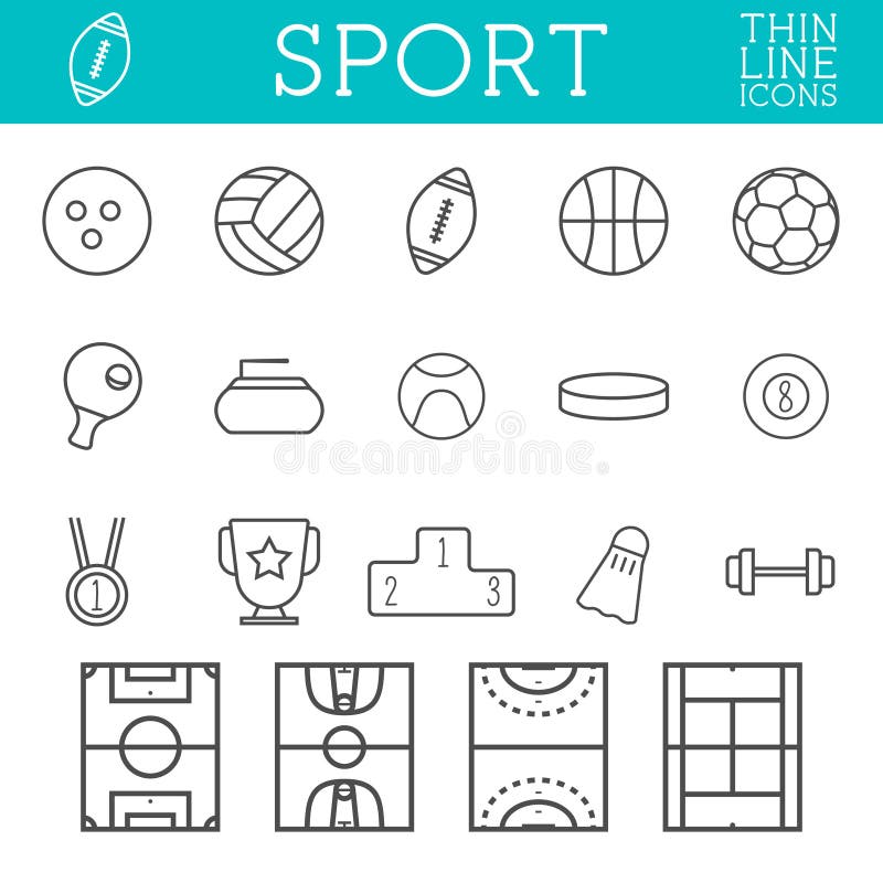 Ostente ícones do esboço, linha fina na moda projeto, isolado no fundo branco Futebol, bola da salva, basquetebol, hóquei e ilustração do vetor Ostente ícones do esboço, linha fina na moda projeto, isolado no fundo branco Futebol, bola da salva, basquetebol, hóquei e ilustração do vetor