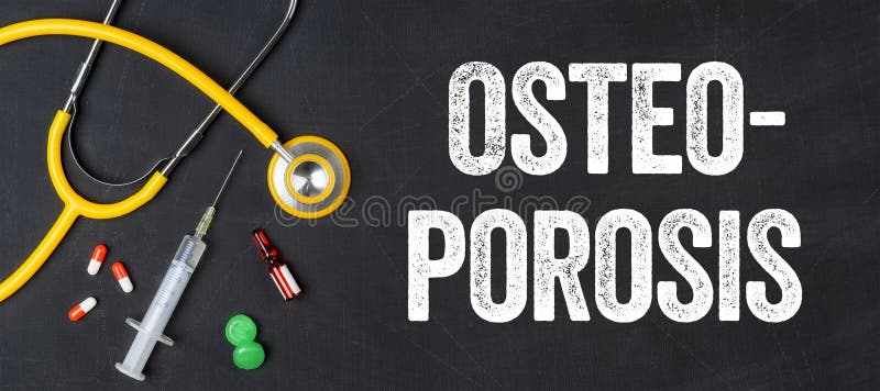 Stethoscope and pharmaceuticals on a blackboard - Osteoporosis. Stethoscope and pharmaceuticals on a blackboard - Osteoporosis