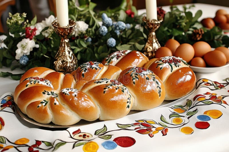 Osterbrot zeigt verschiedene orthodoxe Osterbrote auf einem Tisch mit besticktem Stoff, umgeben von lizenzfreie stockfotos