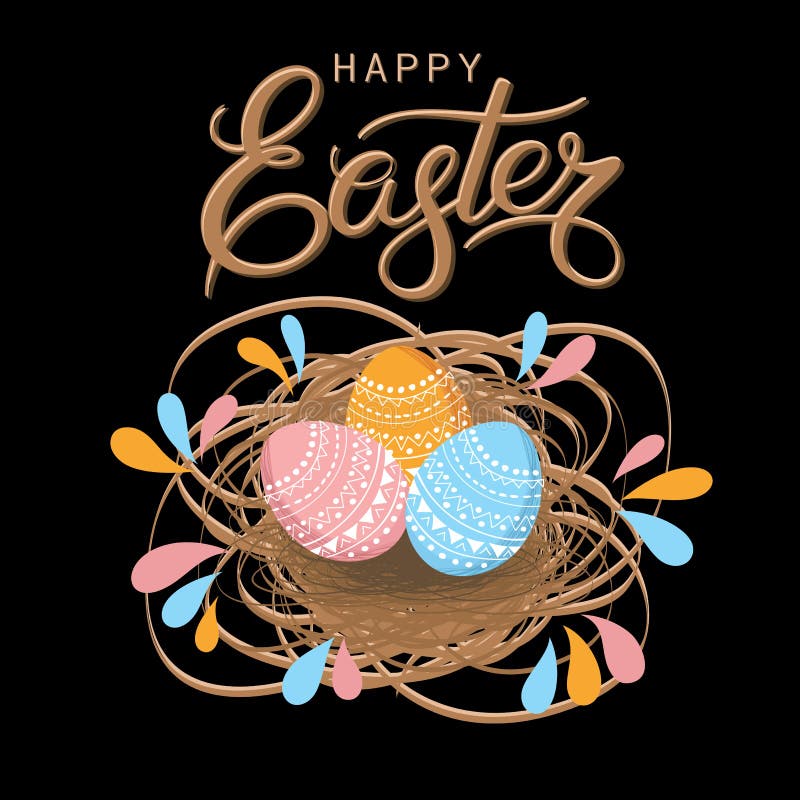 Ostereier in einer Weidennestluxusbeschriftung fröhliche Ostern übergeben gezogene Kalligraphie auf einem blacke Hintergrund lizenzfreie abbildung