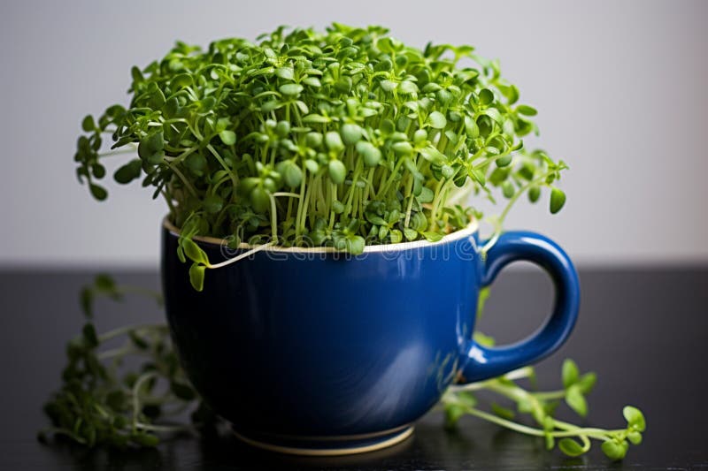 Easter greenery Home breeding green cress in a dark blue cup Generative AI. Easter greenery Home breeding green cress in a dark blue cup Generative AI