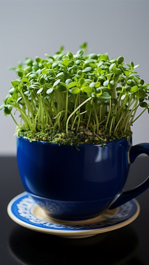 Easter greenery Home breeding green cress in a dark blue cup Vertical Mobile Wallpaper. Easter greenery Home breeding green cress in a dark blue cup Vertical Mobile Wallpaper