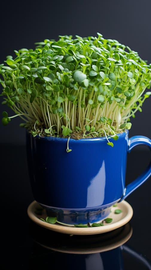 Easter greenery Home breeding green cress in a dark blue cup Vertical Mobile Wallpaper. Easter greenery Home breeding green cress in a dark blue cup Vertical Mobile Wallpaper