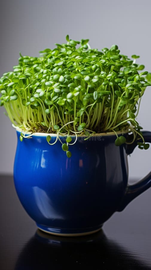 Easter greenery Home breeding green cress in a dark blue cup Vertical Mobile Wallpaper. Easter greenery Home breeding green cress in a dark blue cup Vertical Mobile Wallpaper