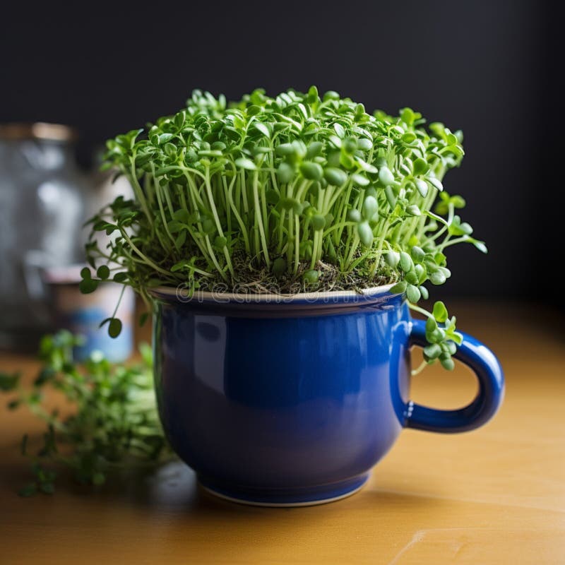 Easter greenery Home breeding green cress in a dark blue cup For Social Media Post Size. Easter greenery Home breeding green cress in a dark blue cup For Social Media Post Size