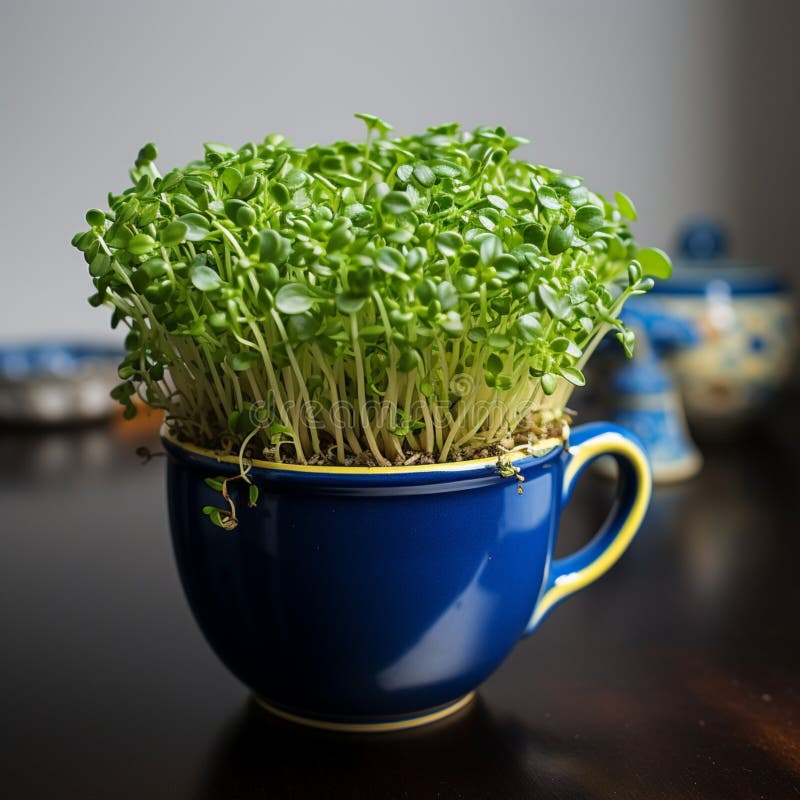 Easter greenery Home breeding green cress in a dark blue cup For Social Media Post Size. Easter greenery Home breeding green cress in a dark blue cup For Social Media Post Size