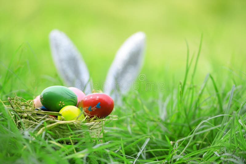 Osterhase und Ostereier auf bunten Eiern des grünen Grases im Freien im Nestkorb- und -ohrkaninchen auf Feld lizenzfreie stockfotos Osterhase und Ostereier auf bunten Eiern des grünen Grases im Freien im Nestkorb- und -ohrkaninchen auf Feld lizenzfreie stockfotos