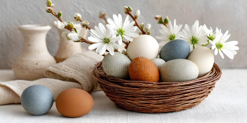 Osterkomposition mit farbenfrohen Eiern weiße Blumen und rustikale Dekoration auf hellem Hintergrund. Schließen lizenzfreies stockfoto