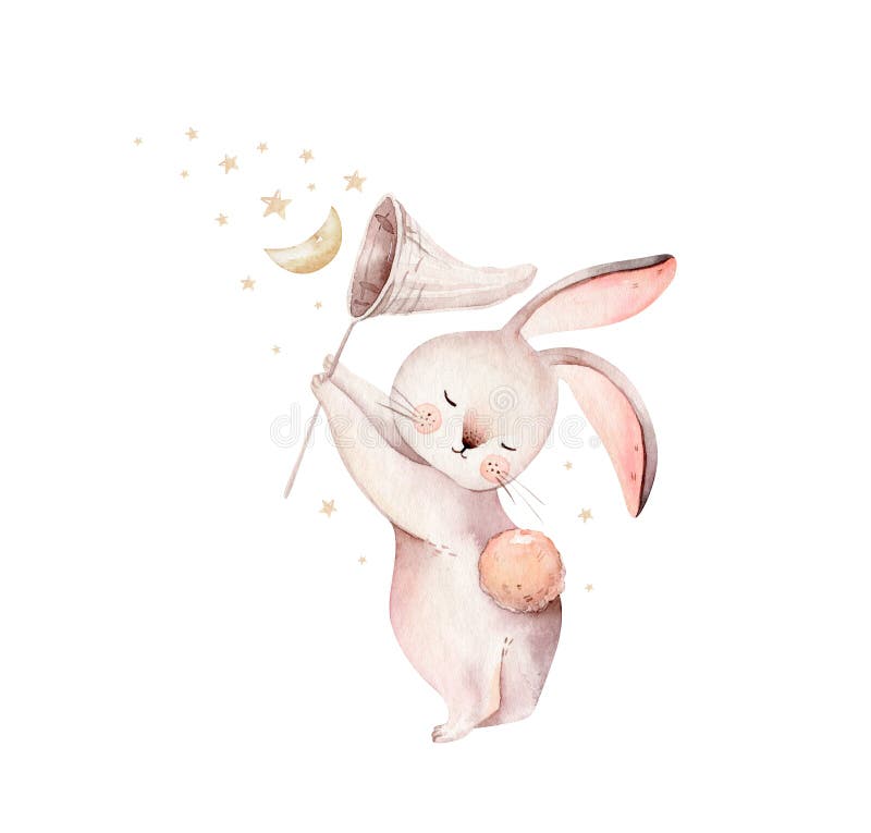 Ostern-Babyhäschen des Aquarells Design glückliche mit Frühlingsblütenblume. Kaninchenhäschen-Kinderillustration isoliert. Hand