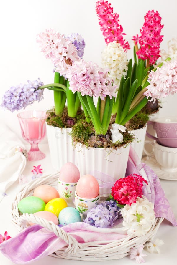 Easter table arrangement with hyacinths and eggs. Easter table arrangement with hyacinths and eggs