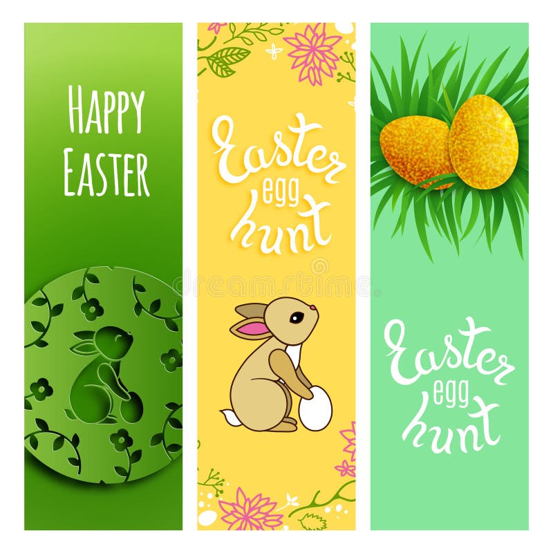 Cute Cartoon Easter Vertical Banners. Rabbits, Gold Eggs in Grass and Hand Lettering Text. Awesome Holidays Cards. Cute Cartoon Easter Vertical Banners. Rabbits, Gold Eggs in Grass and Hand Lettering Text. Awesome Holidays Cards.