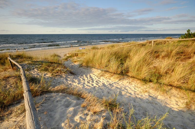 Ostsee und Sanddünen mit goldenem Gras, Polen, Kolobrzeg lizenzfreie stockbilder Ostsee und Sanddünen mit goldenem Gras, Polen, Kolobrzeg lizenzfreie stockbilder