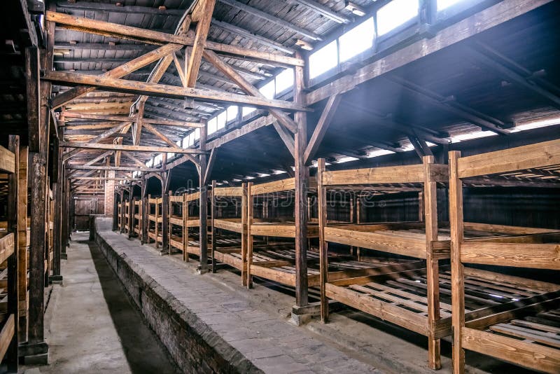 Oswiecim/Polonia - 02 15 2018: Camas de madera dentro del cuartel del ` s del preso en el museo de Auschwitz Birkenau imagen de archivo Oswiecim/Polonia - 02 15 2018: Camas de madera dentro del cuartel del ` s del preso en el museo de Auschwitz Birkenau imagen de archivo