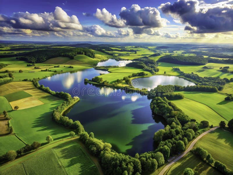 Oszałamiający panoramiczny widok na bujne zielone pola i jeziora pogodowe zdjęcia monitorujące drony dla środowiska ilustracji