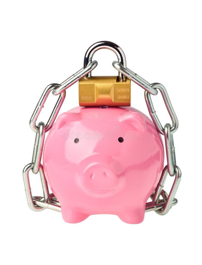 Piggy bank with lock and chain isolated on white background. Piggy bank with lock and chain isolated on white background