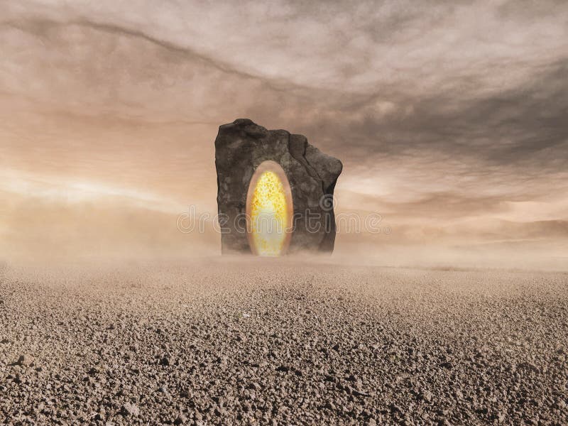 An otherworldly deserted scenery with a gigantic portal