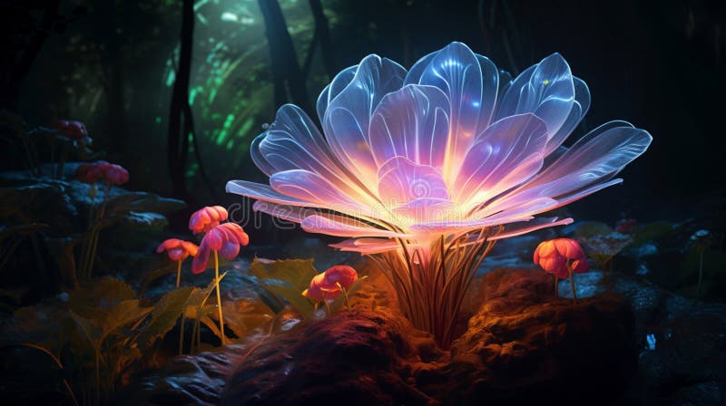 An otherworldly neon bloom, its petals casting an ethereal glow in a surreal garden