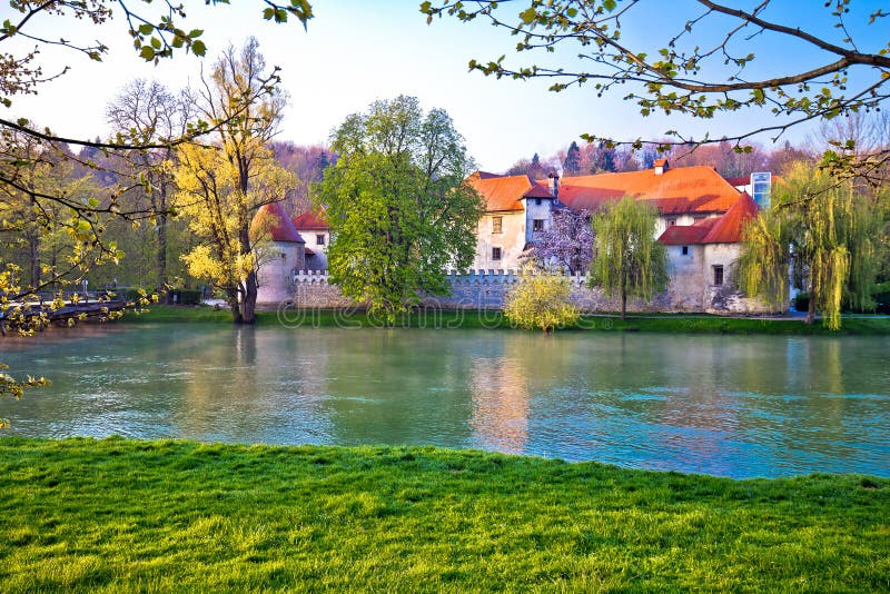 Otocec island and old town on Krka river panoramic view