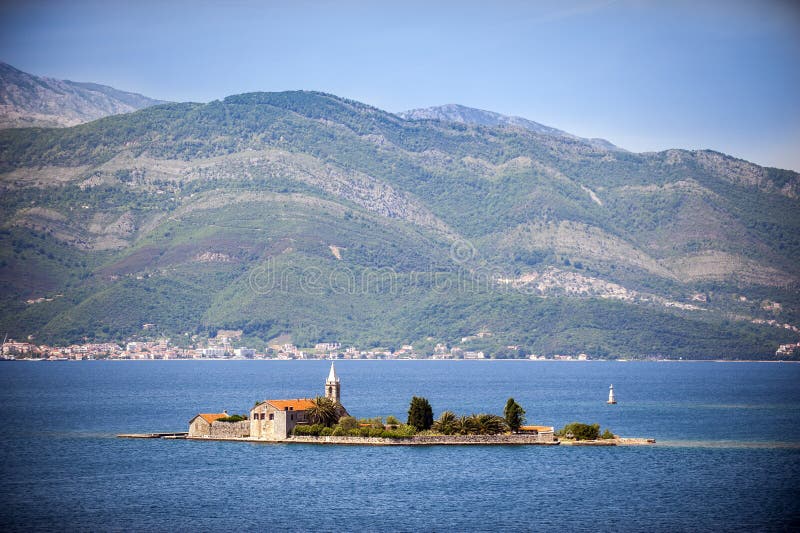 Otok Island (Gospa od Milosti) with Jesuit monastery and church of the Blessed Virgin, Tivat Bay, Montenegro